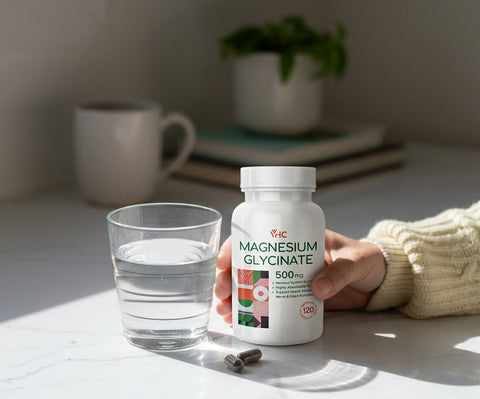 VHC LAB Magnesium Glycinate 500mg bottle held beside a glass of water on a tabletop.