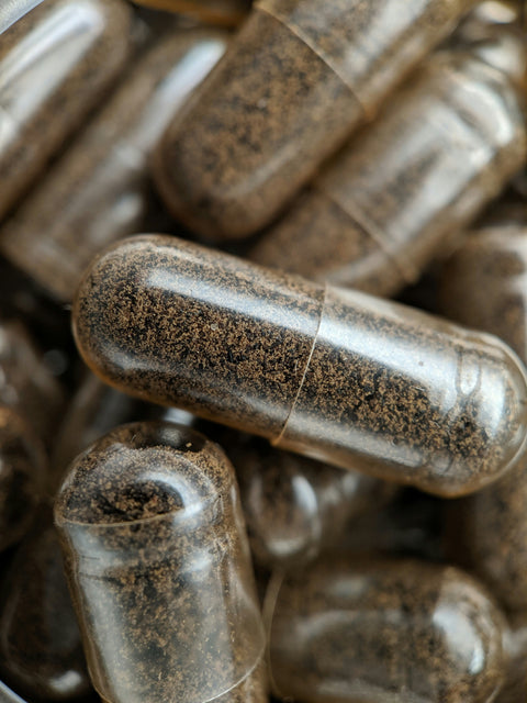 Close-up of clear supplement capsules filled with powdered ingredients