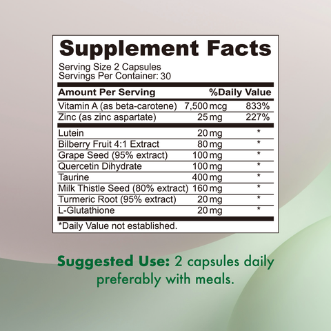 Supplement facts label for daily vision support for screen users, detailing ingredients and suggested use.
