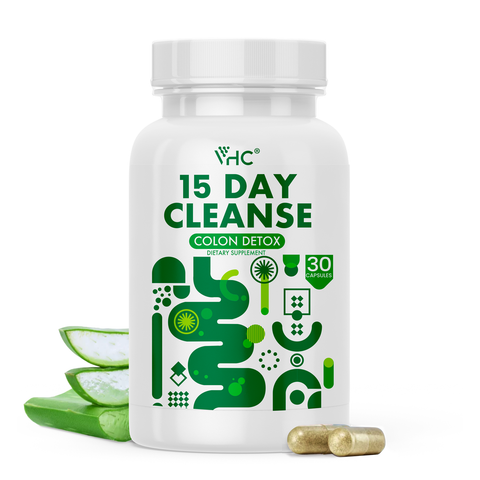 Milamiamor 15 Day Cleanse colon detox supplement bottle with 30 capsules, featuring aloe vera and herbal ingredients for gut support.