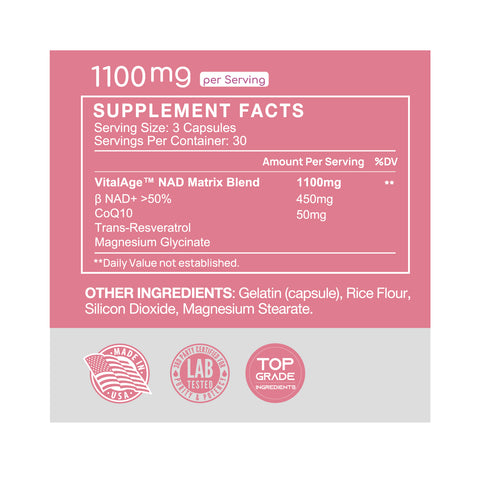VHC Supplement label with pink and white design on a white background