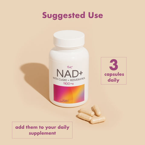 VHC NAD+ supplement bottle with capsules on a beige background