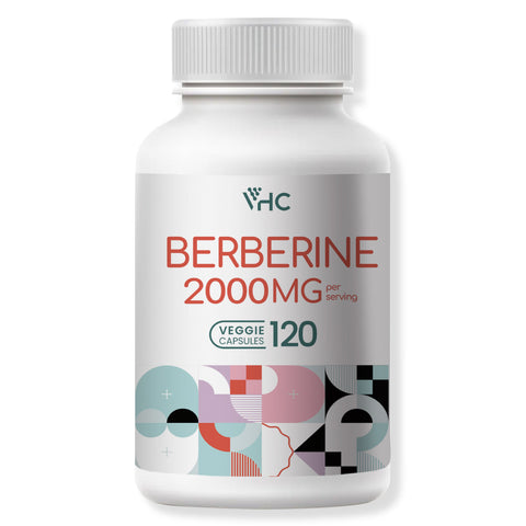 This image features a bottle of "Berberine 2000mg" supplements, designed to support blood sugar control and weight loss. The bottle is white with a label that displays the product name prominently in red text, indicating the strength of the berberine dosage.