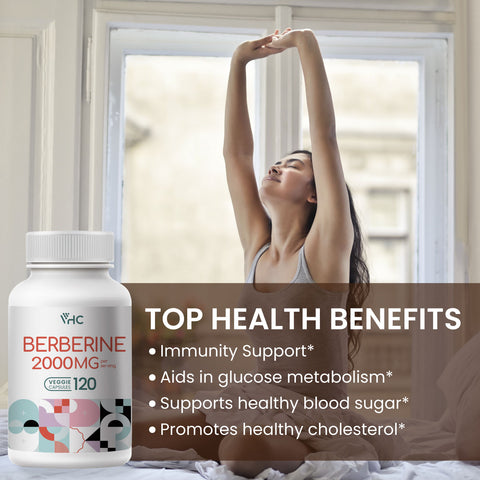 VHC Supplement bottle with a woman stretching in the background, highlighting health benefits.Berberine 2000mg