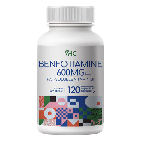 A bottle of VHC Benfotiamine 600mg dietary supplement with colorful geometric patterns on the label.