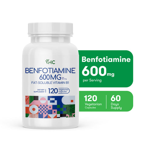 Benfotiamine 600mg supplement with 120 vegetarian capsules and 60-day supply, supports thiamine B1 levels and neurological health.