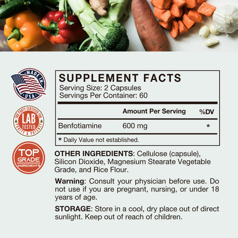 Supplement Facts for Benfotiamine 600mg supplement, with details on ingredients and serving size.
