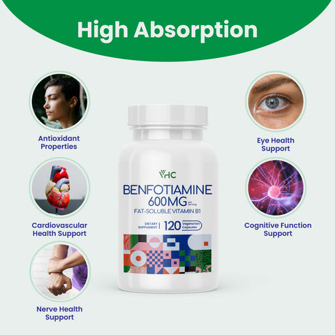 Benfotiamine 600mg supplement bottle showcasing its benefits for high absorption and overall health support.