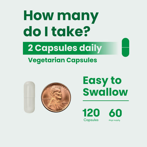 Benfotiamine dosage guide shows 2 easy-to-swallow vegetarian capsules daily, 120 capsules per bottle for a 60-day supply.