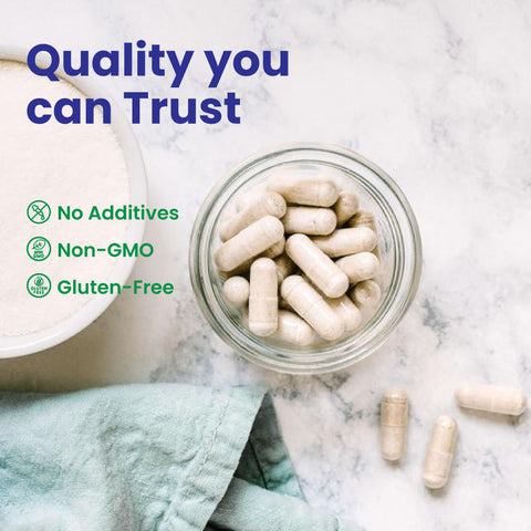 Benfotiamine capsules in a glass jar, labeled as non-GMO, gluten-free, and free from additives, ensuring trusted quality and purity.