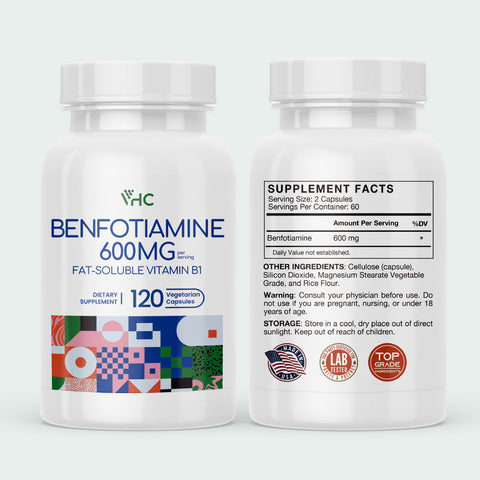 Front and back view of Benfotiamine 600mg bottle showing supplement facts, made in USA, lab-tested, and top-grade ingredients.