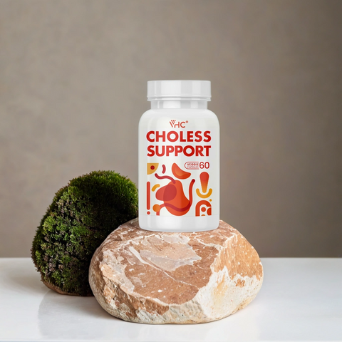 Choless Control herbal supplement bottle with 60 capsules displayed on a stone with moss, promoting natural energy and wellness support.