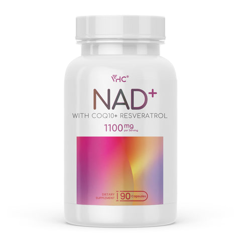 VHC Supplement bottle labeled 'NAD+ with CoQ10+ Resveratrol' on a white background
