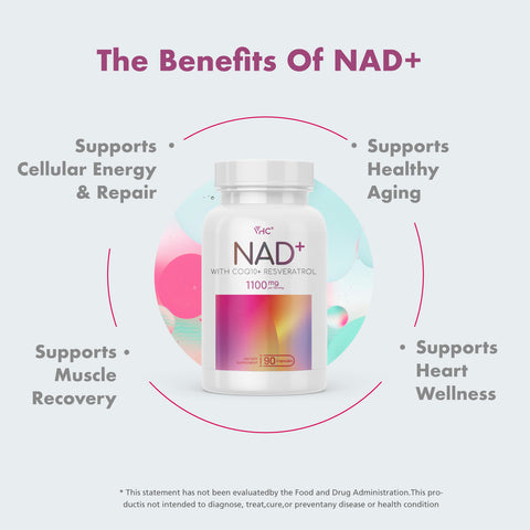 VHC NAD+ supplement bottle with benefits listed on a light purple background