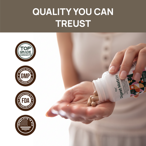 A person holding digestive enzymes capsules from VHClab with quality assurance seals including GMP and FDA.