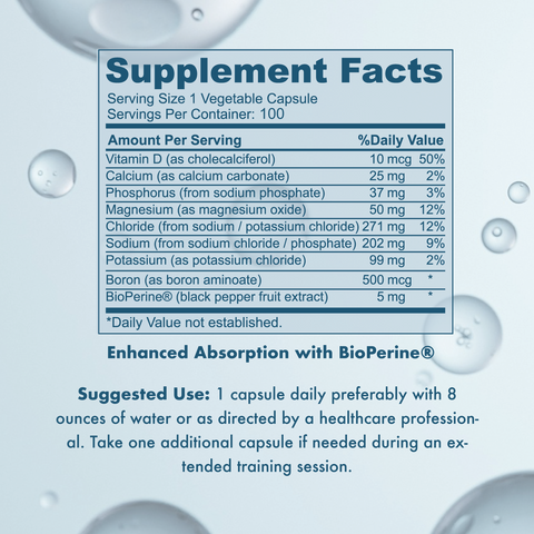 Supplement facts of VHClab Electrolyte Capsules highlighting its 9-in-1 hydration support and key ingredients.