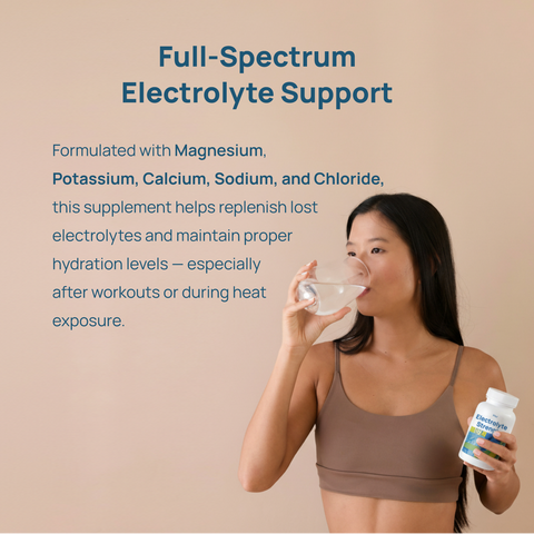 Woman drinking water while holding VHClab electrolyte capsules for hydration support.