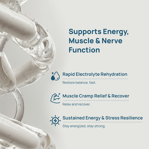 Image depicting benefits of electrolyte capsules: supports energy, muscle, and nerve function with rapid rehydration.